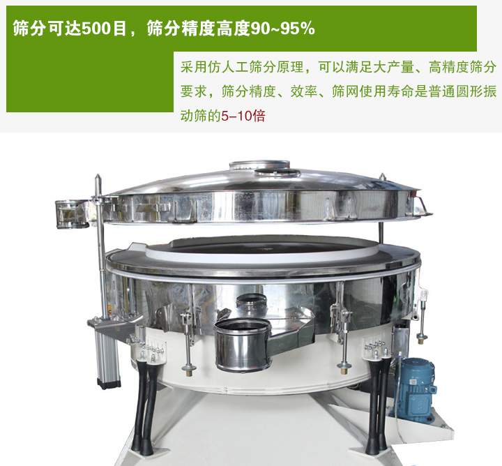搖擺篩分機采用仿人工篩分原理，可以滿足大產(chan) 量、高精度篩分 要求，篩分精度、效率、篩網使用壽命是普通圓形振 動篩的5-10倍