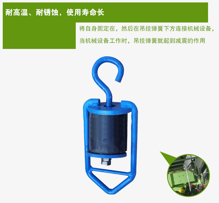 吊掛彈簧將自身固定在，然後在吊掛彈簧下方連接機械設備， 當機械設備工作時，吊掛彈簧就起到減震的作用